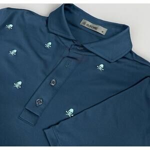G/FORE Men's Medium Petrol Blue Skulls Geometric Sketch Tech Jersey Polo GOLF
